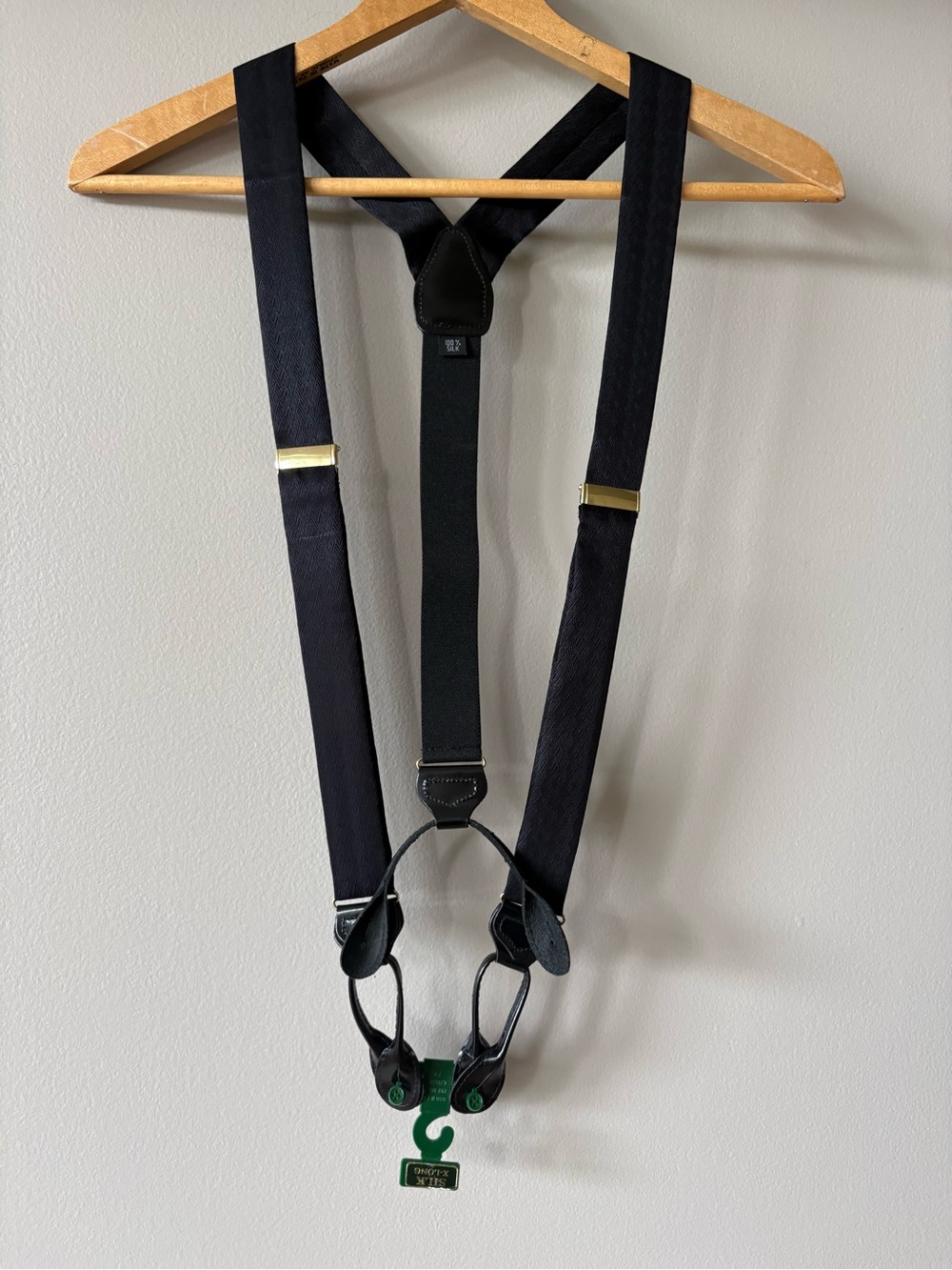 Suspenders 100% Silk Textured Black Leather Made In England Braces X-Long